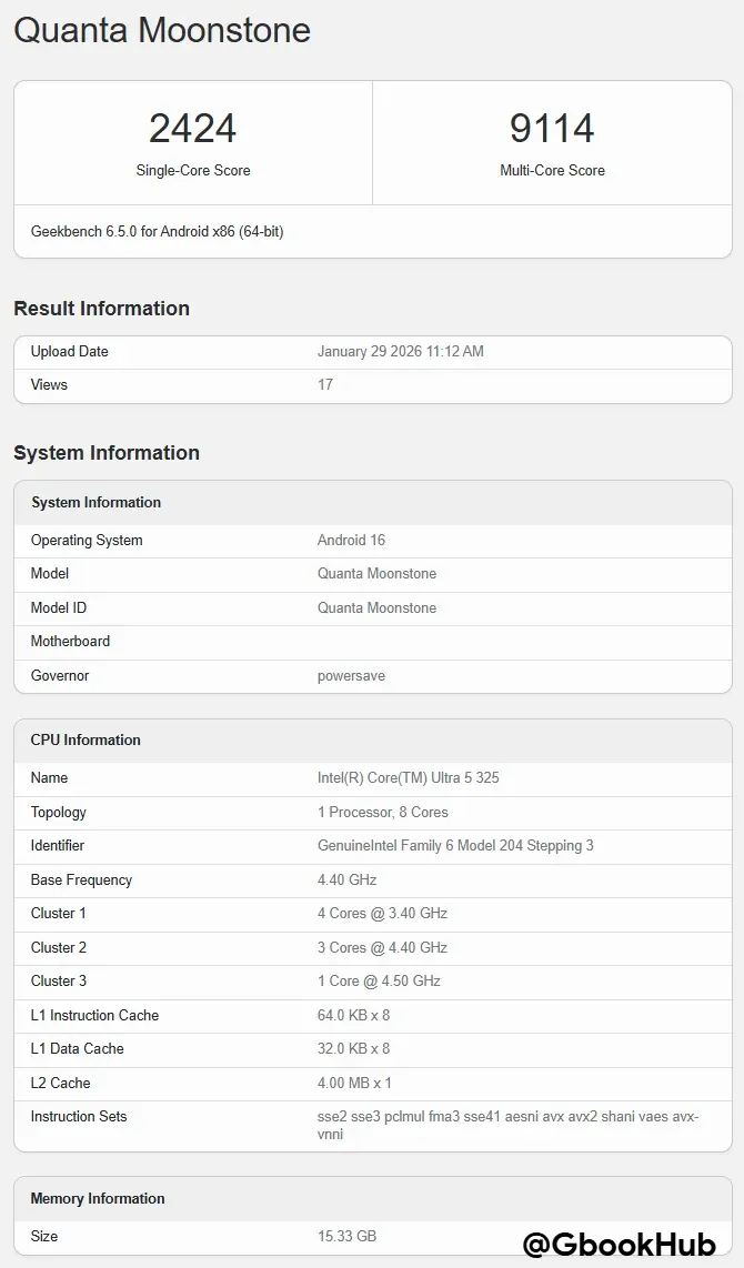 Googlebook Acer Moonstone Geekbench 3