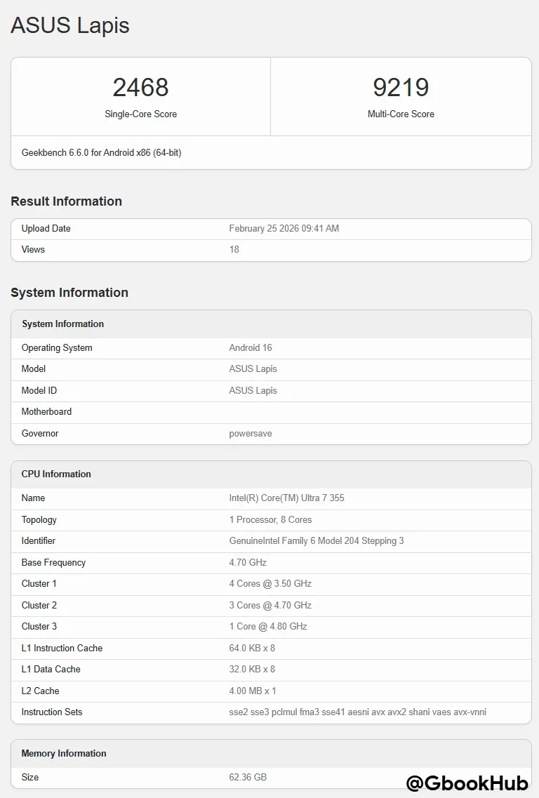 Googlebook Asus Lapis Geekbench Score 3