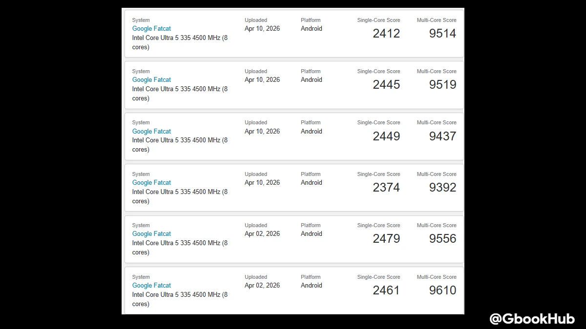 Panther Lake Googlebook Fatcat Geekbench