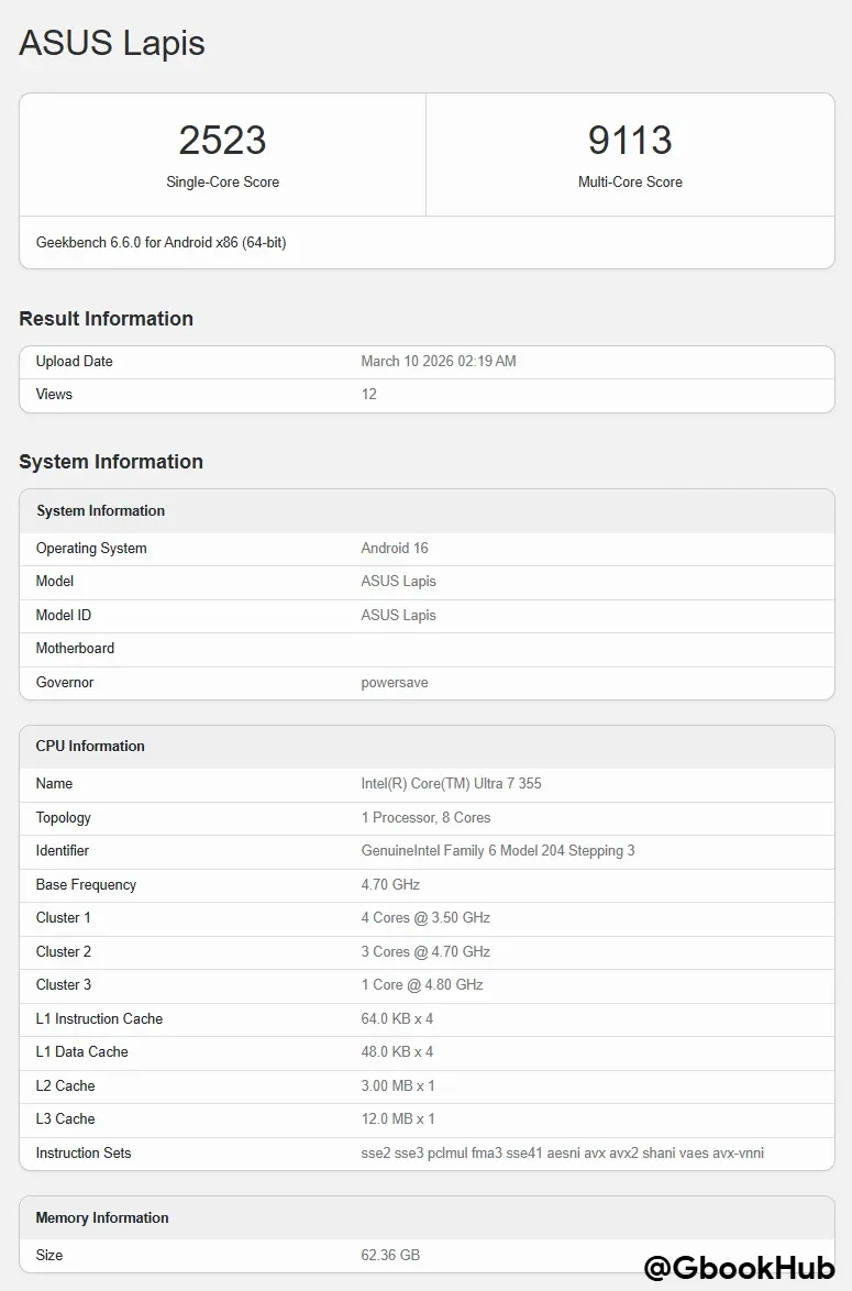Googlebook Asus Lapis Geekbench Score 2