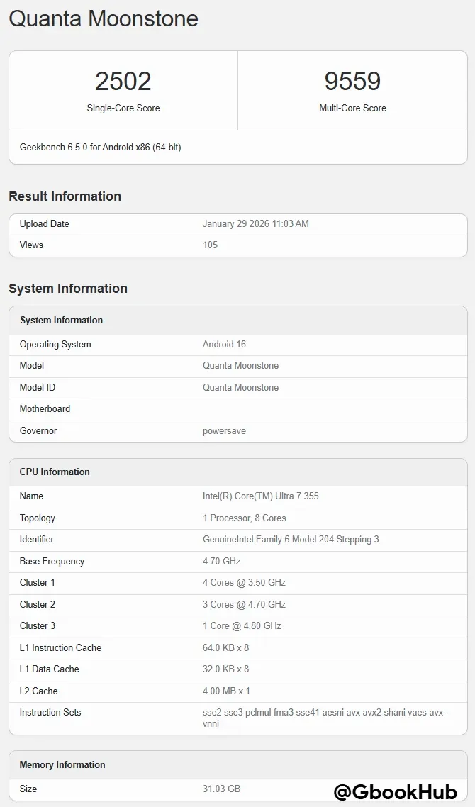 Googlebook Acer Moonstone Geekbench 4