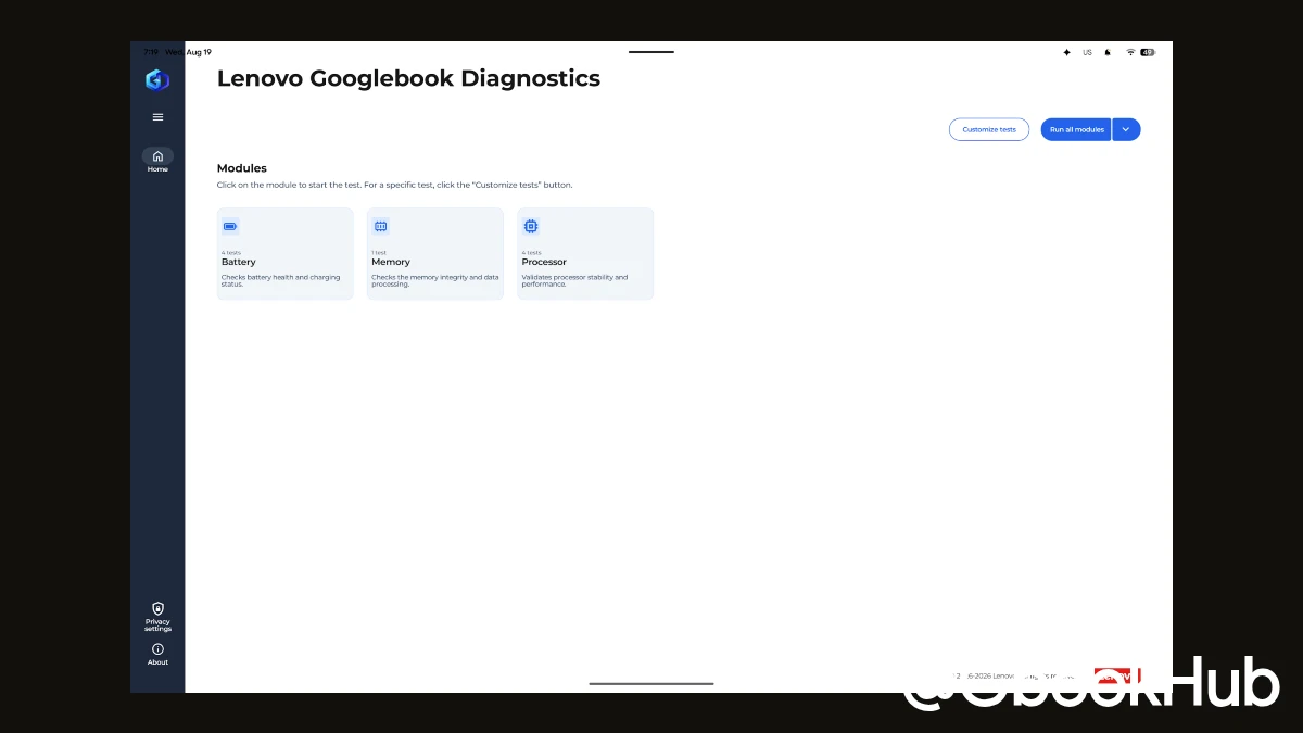 Lenovo Googlebook Diagnostics App Screenshot