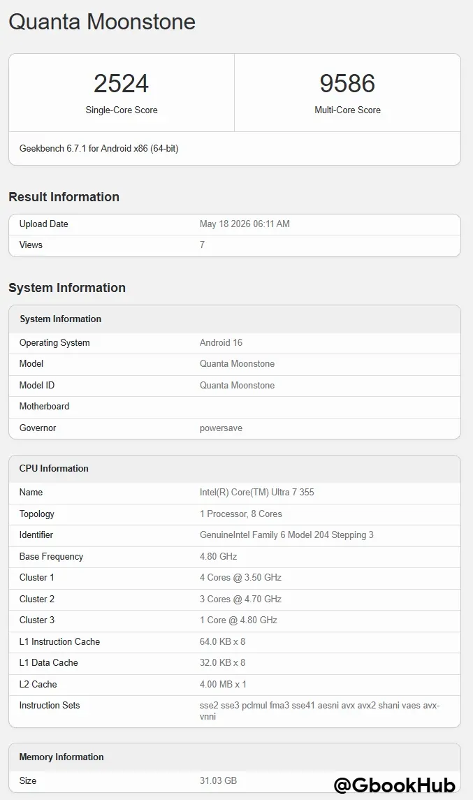 Googlebook Acer Moonstone Geekbench 0