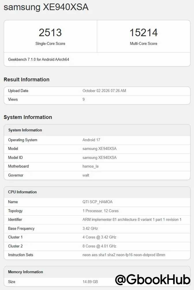 Samsung Googlebook X E940 Xsa on Geekbench Ss