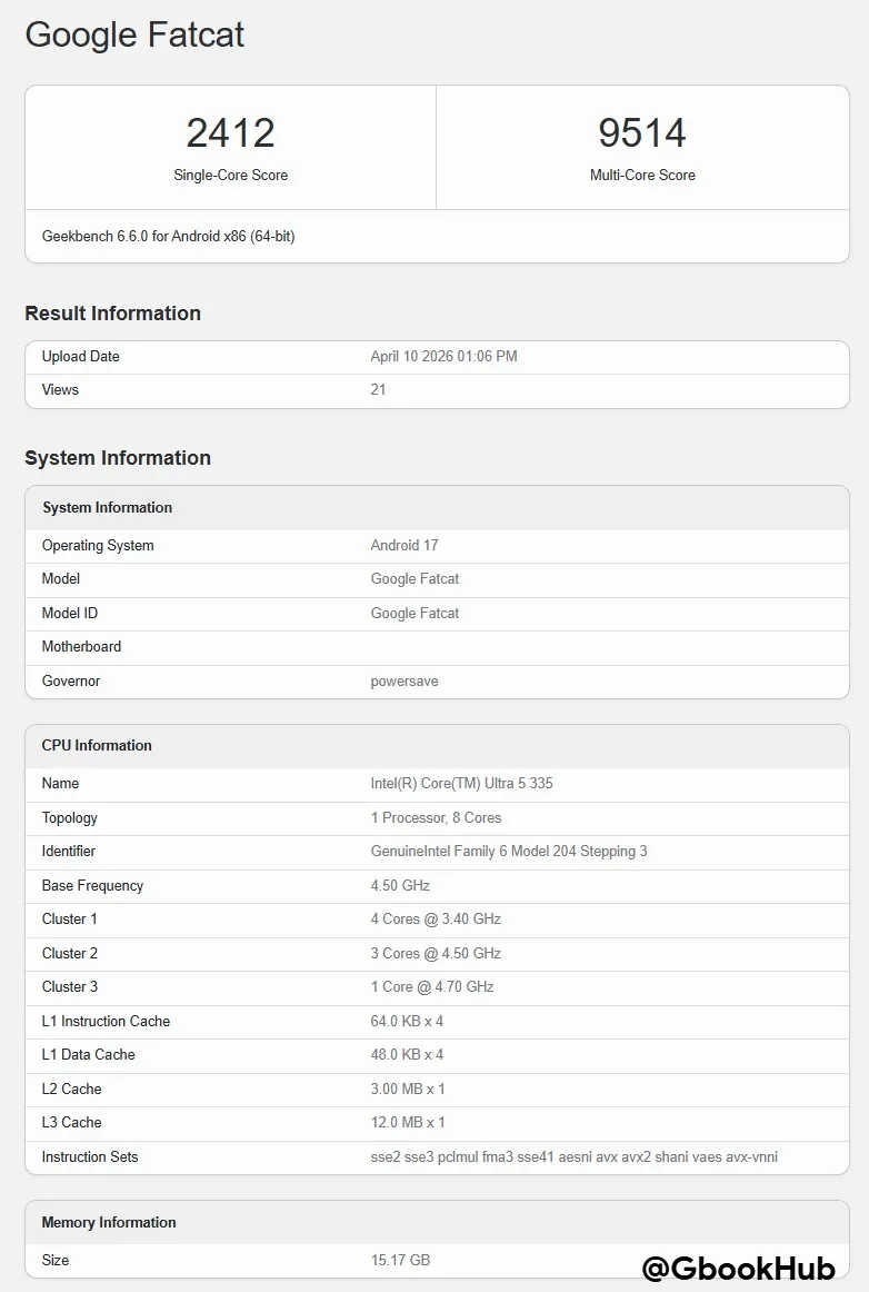 Google Fatcat Geekbench