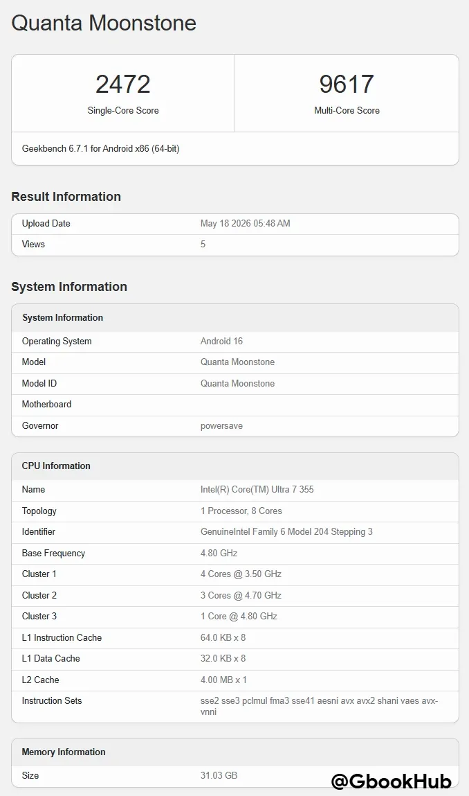 Googlebook Acer Moonstone Geekbench 1